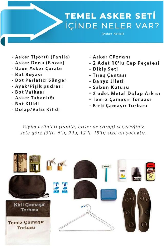 3'lü Ekonomik Asker Seti Bedelli Acemi Temel Asker Malzemesi