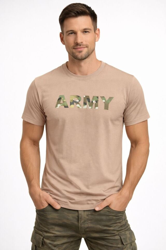 Army Baskılı Tişört  %100 Pamuk Slim Fit Günlük T-Shirt