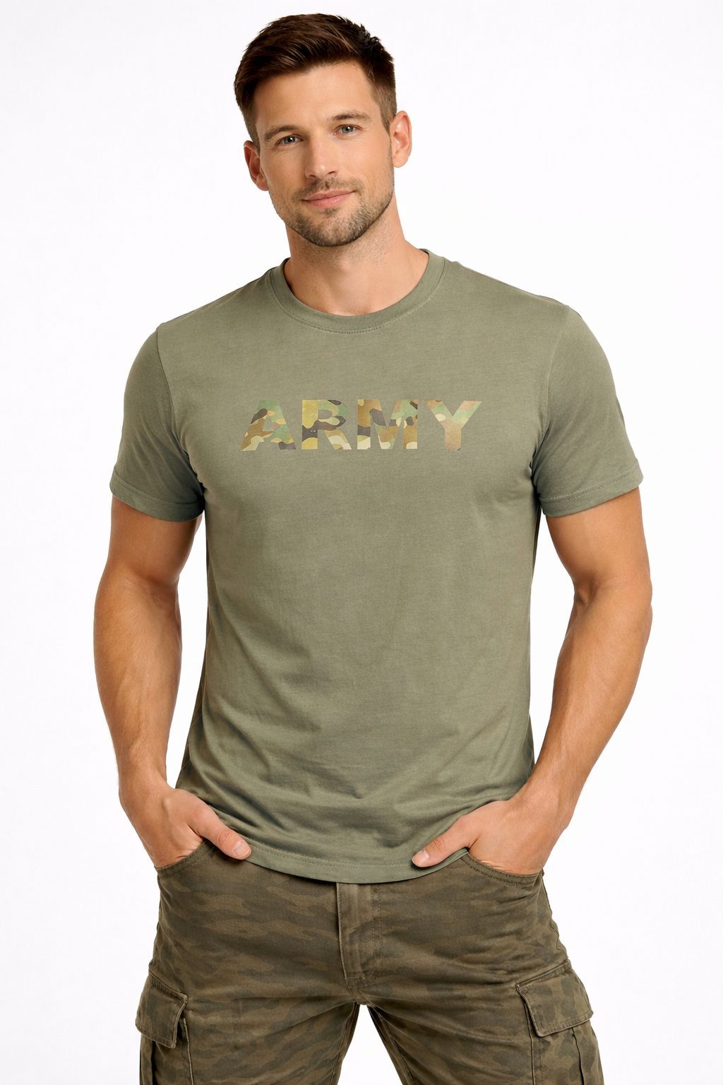 Army Baskılı Tişört  %100 Pamuk Slim Fit Günlük T-Shirt