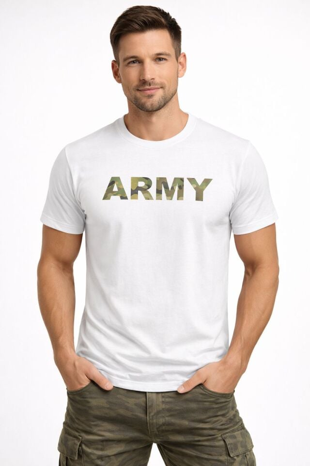 Army Baskılı Tişört  %100 Pamuk Slim Fit Günlük T-Shirt