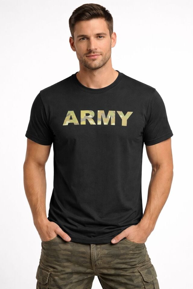 Army Baskılı Tişört  %100 Pamuk Slim Fit Günlük T-Shirt
