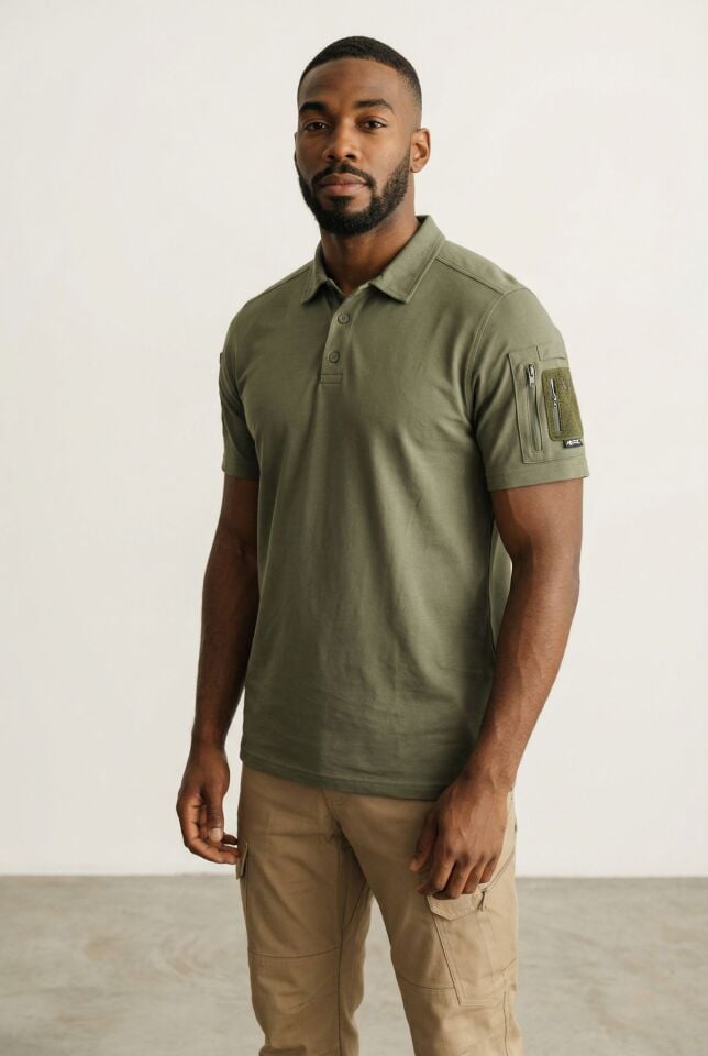 Erkek Haki 604 Polo Yaka Tişört – Kısa Kollu, Fonksiyonel Cep Detaylı, Günlük & Outdoor