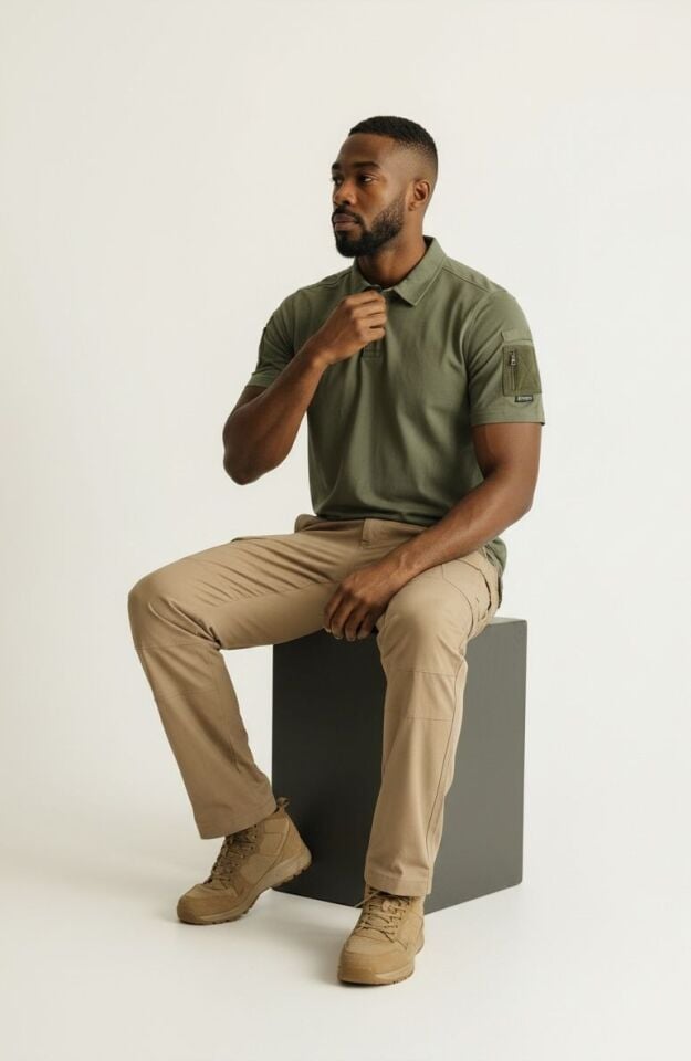 Erkek Haki 604 Polo Yaka Tişört – Kısa Kollu, Fonksiyonel Cep Detaylı, Günlük & Outdoor