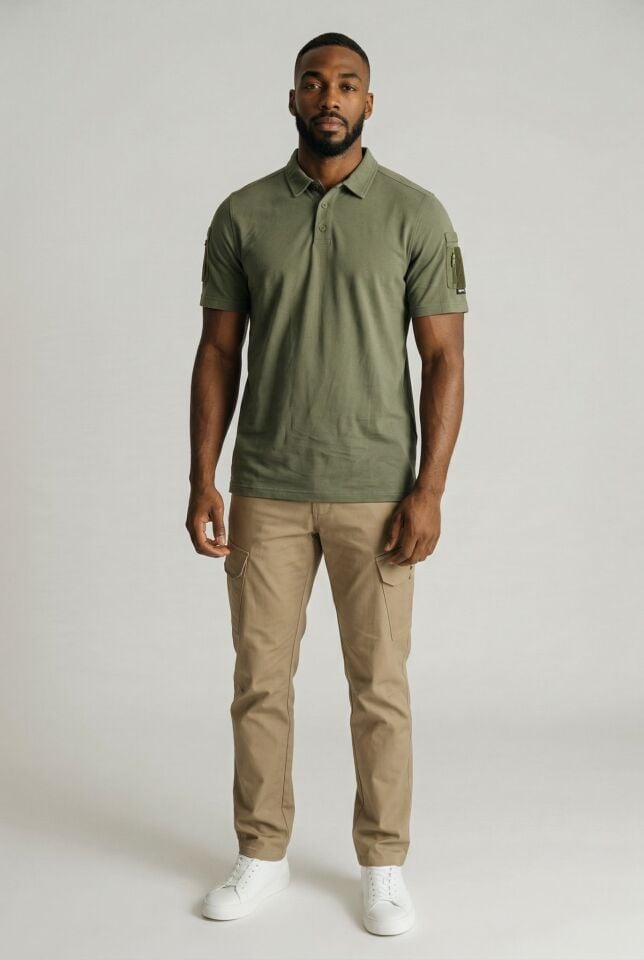 Erkek Haki 604 Polo Yaka Tişört – Kısa Kollu, Fonksiyonel Cep Detaylı, Günlük & Outdoor
