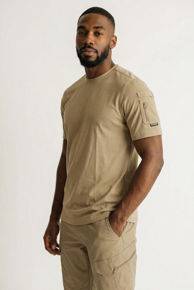 Attack 603 Erkek Bej Taktik Tişört – Bisiklet Yaka, Kısa Kollu, Outdoor & Günlük