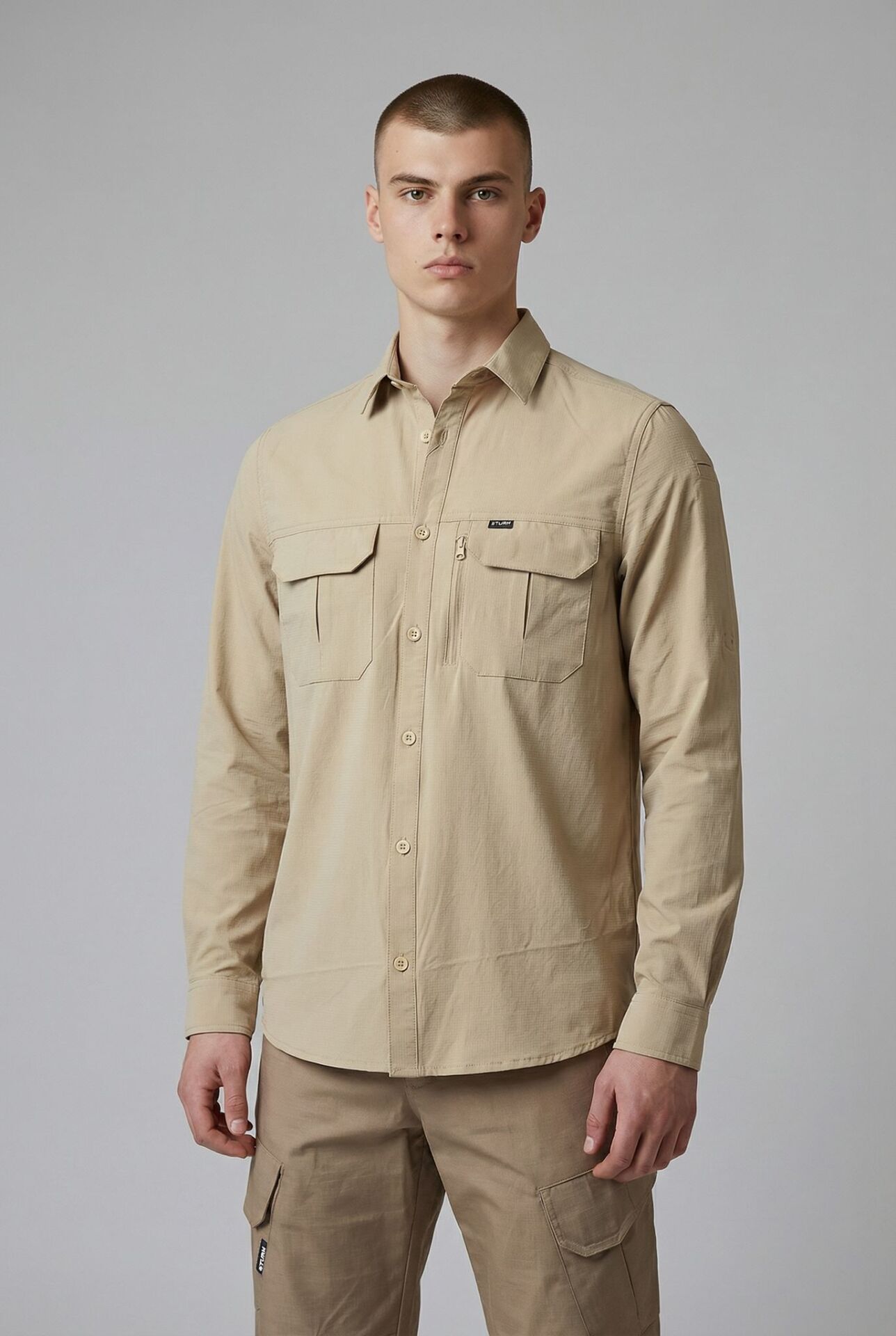 Erkek Bej Kargo Gömlek Uzun Kollu %100 Pamuk Çift Cep Outdoor & Günlük Kullanım