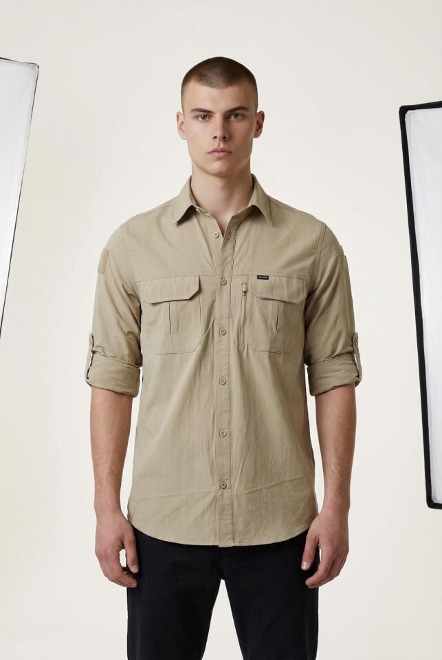 Erkek Bej Kargo Gömlek Uzun Kollu %100 Pamuk Çift Cep Outdoor & Günlük Kullanım
