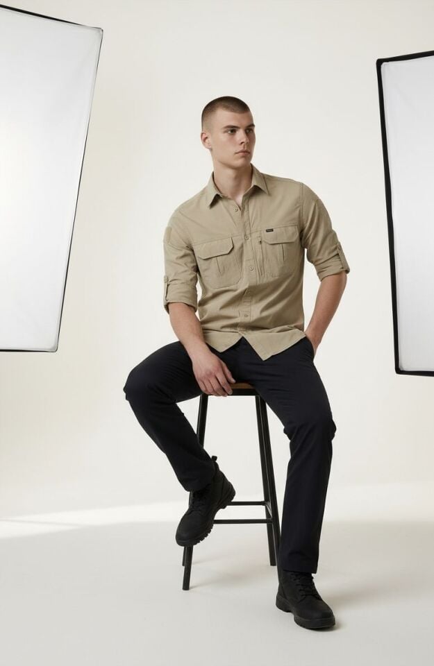 Erkek Bej Kargo Gömlek Uzun Kollu %100 Pamuk Çift Cep Outdoor & Günlük Kullanım