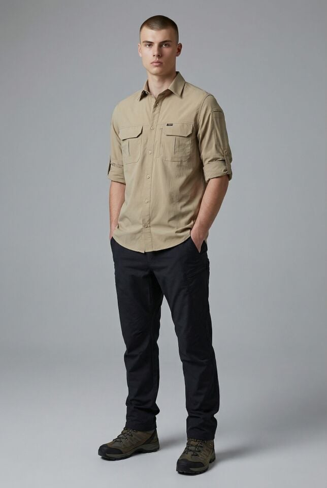 Erkek Bej Kargo Gömlek Uzun Kollu %100 Pamuk Çift Cep Outdoor & Günlük Kullanım