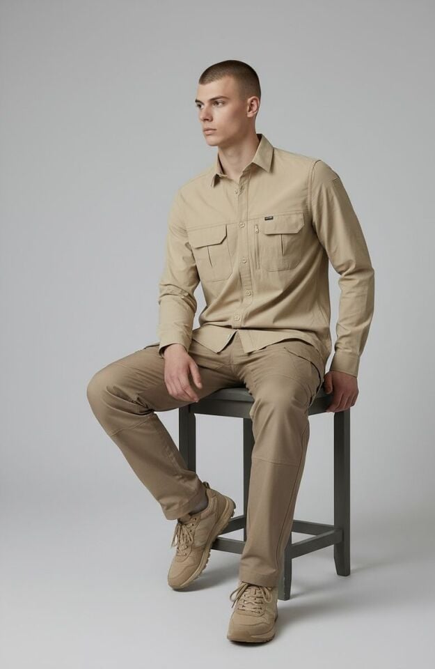Erkek Bej Kargo Gömlek Uzun Kollu %100 Pamuk Çift Cep Outdoor & Günlük Kullanım
