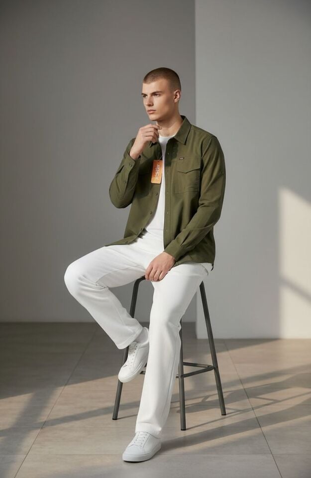 Erkek Haki Kargo Gömlek Katlanabilir Kol %100 Pamuk Outdoor & Günlük Slim Fit Gömlek