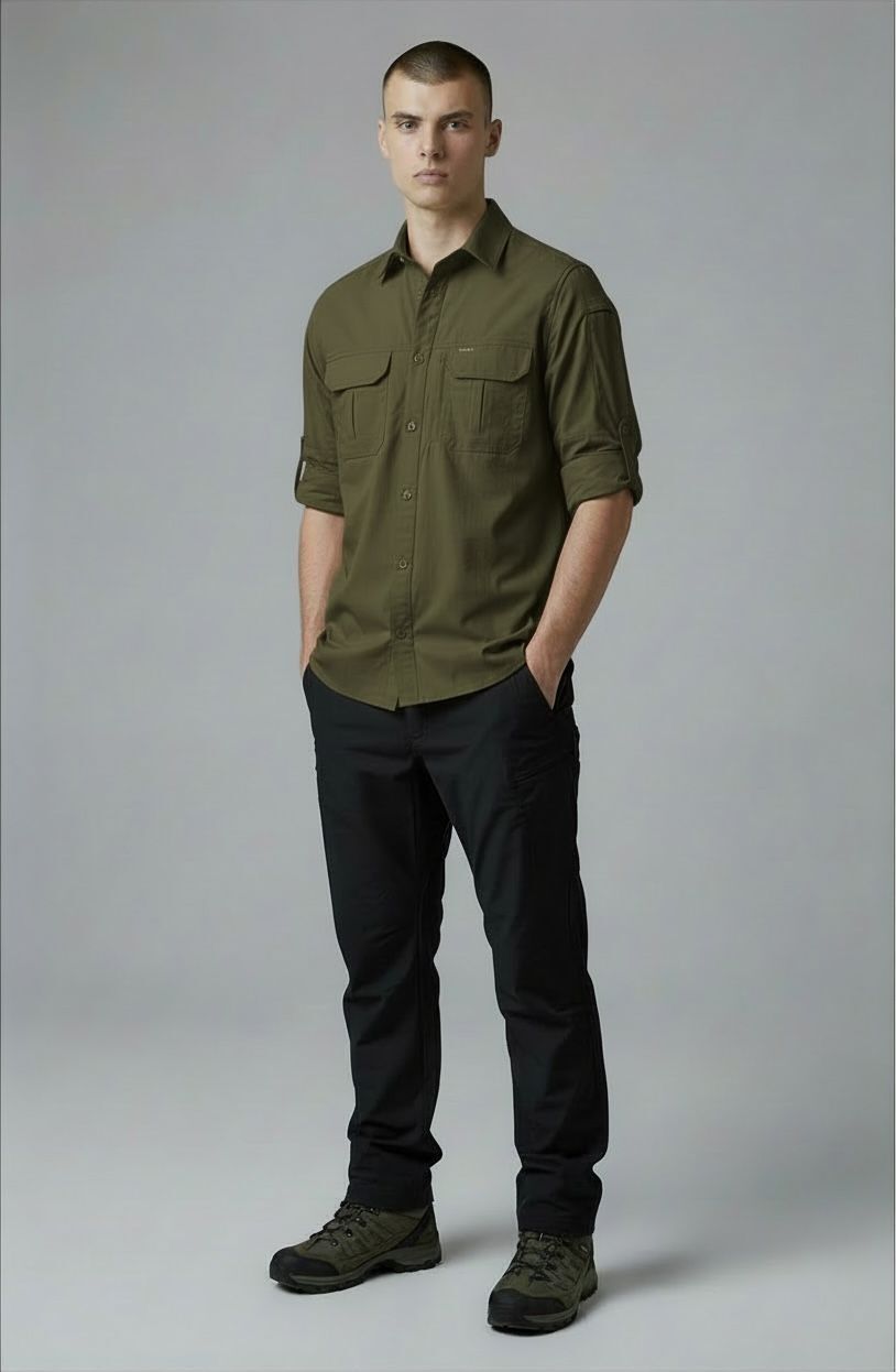 Erkek Haki Kargo Gömlek Katlanabilir Kol %100 Pamuk Outdoor & Günlük Slim Fit Gömlek