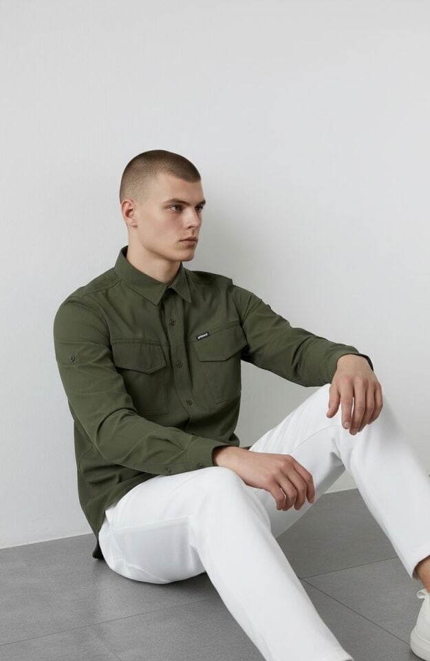 Erkek Haki Kargo Gömlek Katlanabilir Kol %100 Pamuk Outdoor & Günlük Slim Fit Gömlek