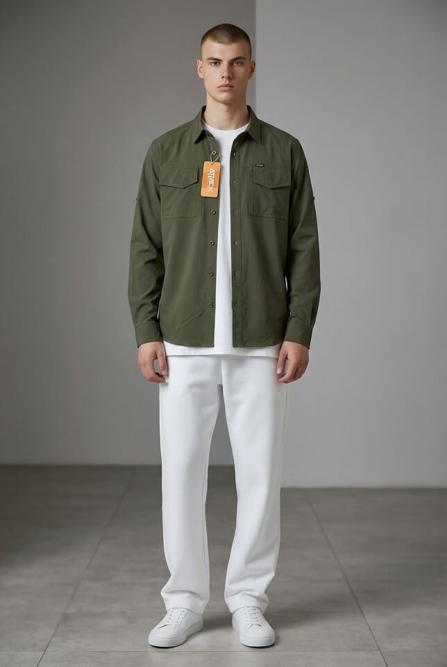 Erkek Haki Kargo Gömlek Katlanabilir Kol %100 Pamuk Outdoor & Günlük Slim Fit Gömlek