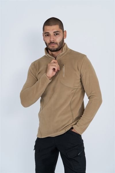 Taktik yarım fermuarlı sweatshırt polar anti pilling fit dik yaka polar bej-903