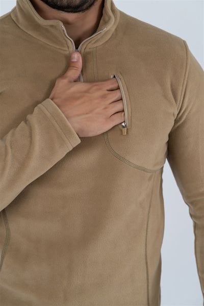 Taktik yarım fermuarlı sweatshırt polar anti pilling fit dik yaka polar bej-903